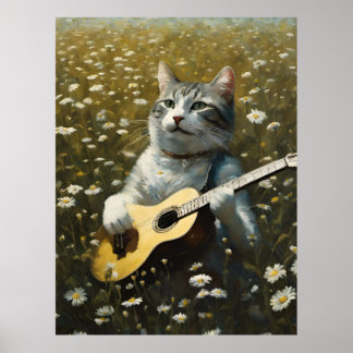 Poster Cute Chat Kitten Jouer Guitare Acoustique