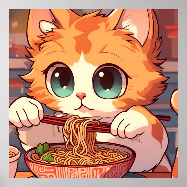 Poster Cute Chat Mange Ramen nouilles (Devant)
