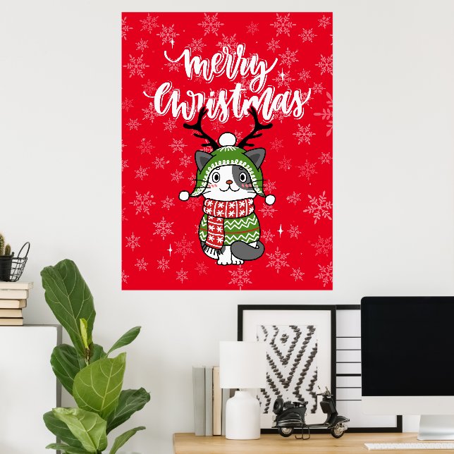 Poster Cute Chat Noël Stocking fourchettes Galore (Bureau à domicile)