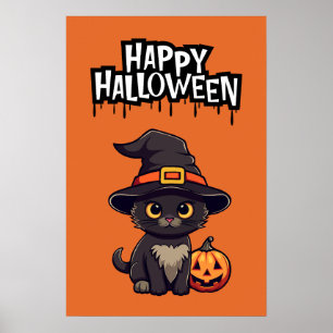 Poster Cute Chat Noir Avec Citrouille Jack-o'-lantern