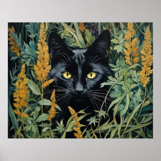 Poster Cute Chat noir et Fleurs