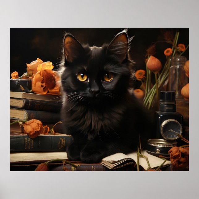 Poster Cute Chat noir et Fleurs (Devant)