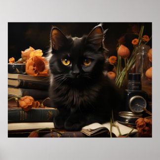 Poster Cute Chat noir et Fleurs