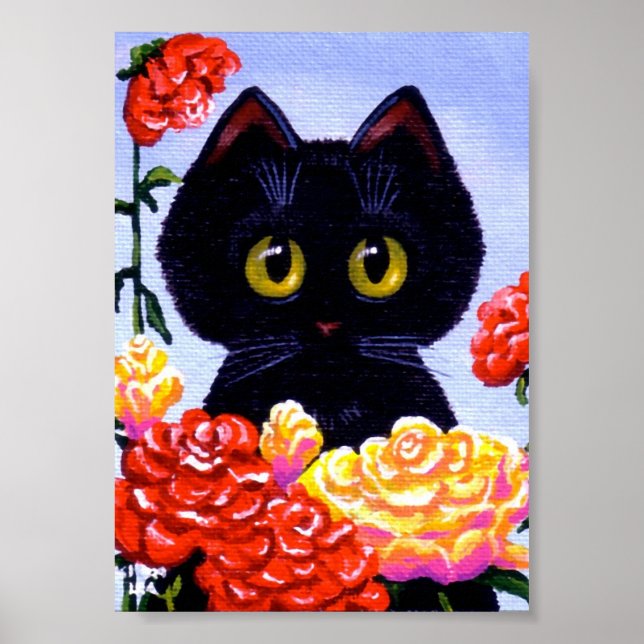 Poster Cute Chat Noir Fleurs Roses Gros yeux Créationarts (Devant)