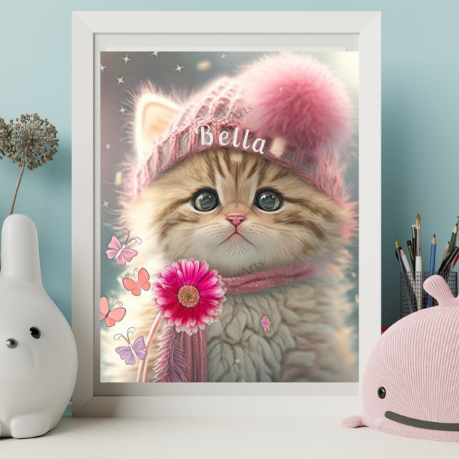 Poster Cute Chat rose Knit Écarf Casquette Floral Personn (Créateur téléchargé)