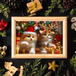 Poster Cute chatons avec le Père Noël et les casquettes d
