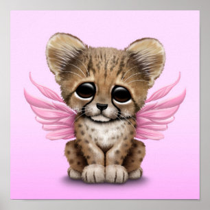 Poster Cute Cheetah Cub avec des ailes de fée sur rose