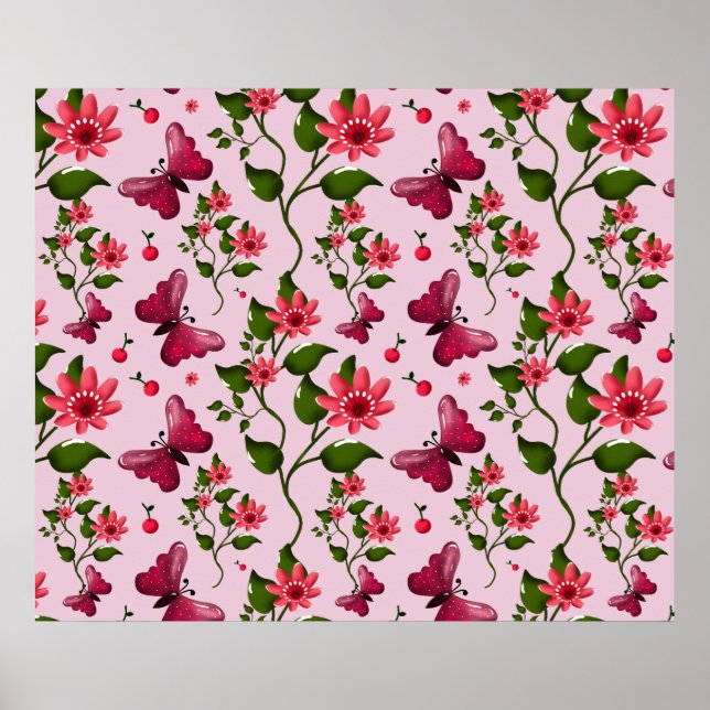 Poster Cute Cherry Butterfly Pattern, Glossy Kawaii Fruit (Devant)