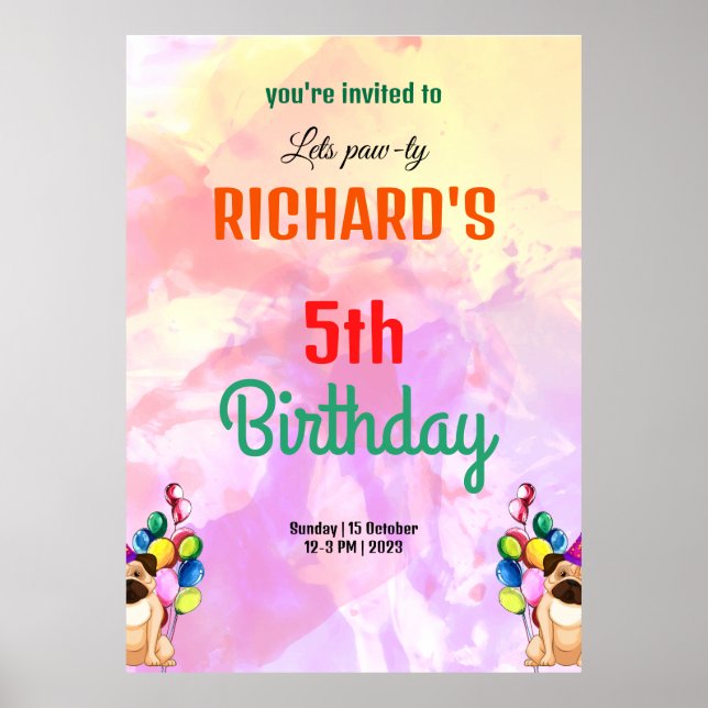 Poster Cute Chien Chiot Puppy Theme Fête d'Anniversaire d (Devant)