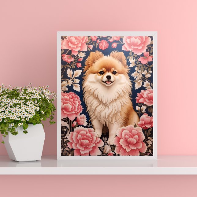 Poster Cute Chien Poméranien Rose Floral (Créateur téléchargé)