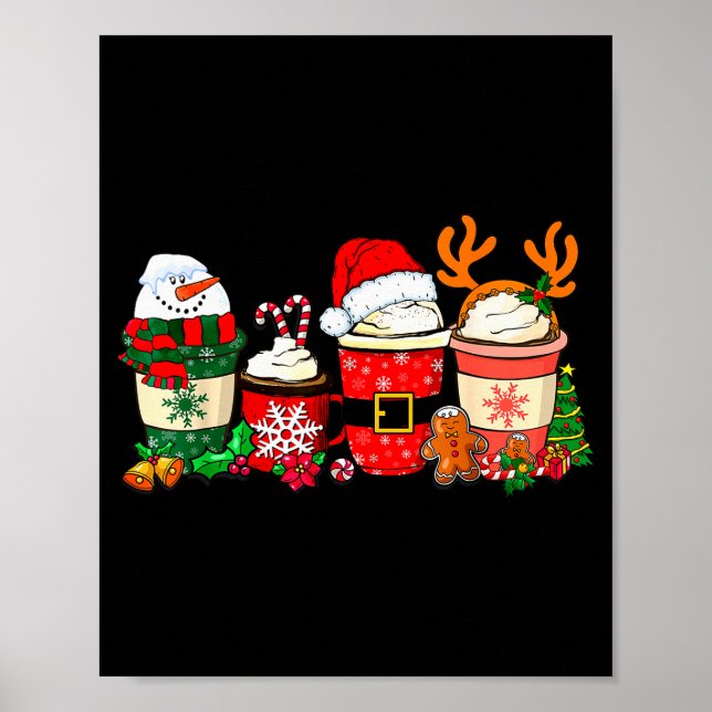 Poster Cute Christmas Coffee Shirt Snowman Deer Santa Cof (Devant)