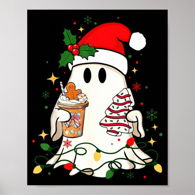 Poster Cute Christmas Ghost Coffee Tree Cake Xmas Lights  (Devant)