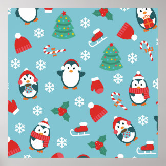 Poster Cute Christmas Penguins Pattern