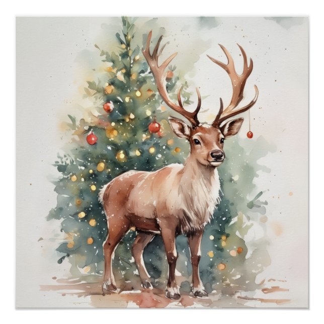 Poster Cute Christmas tree reindeer cozy Holiday Wall Art (Devant)