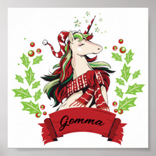 Poster Cute Christmas Unicorn Nom personnalisé
