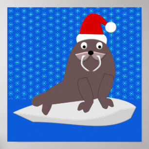 Poster Cute Christmas Walrus and Snowflakes