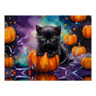 Poster Cute Citrouilles de Kitten noir et ruban