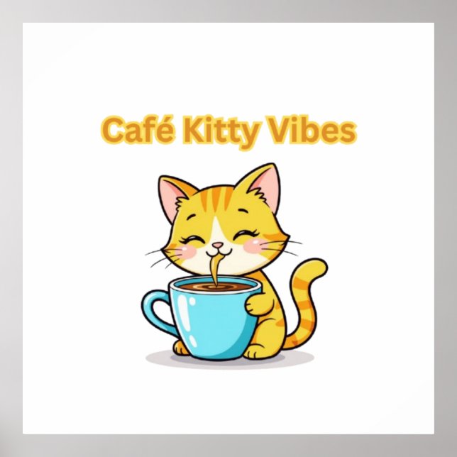 Poster **Cute Coffee Cat – Adorable Cat Drinking Coffee I (Devant)