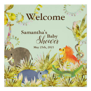 Poster Cute Colorée Jungle Animaux Baby shower tropical