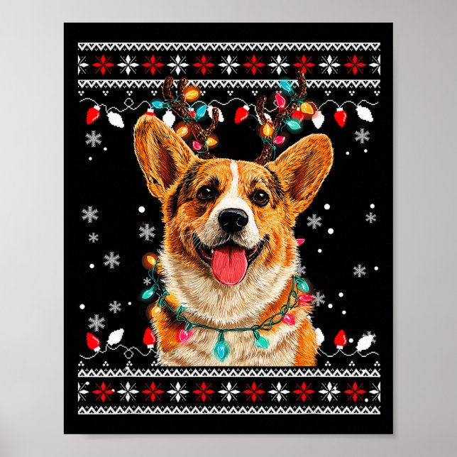 Poster Cute Corgi Dog Christmas Reindeer Santa Hat  (Devant)