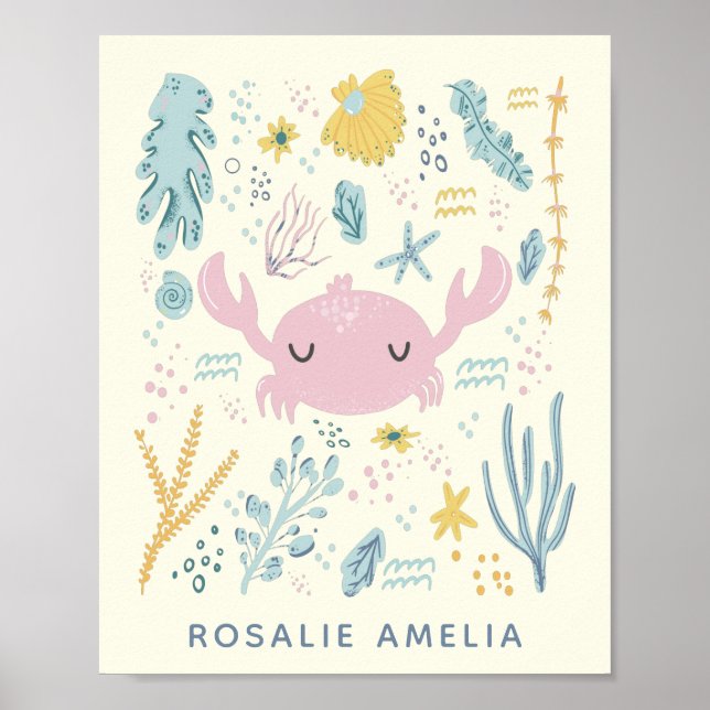 Poster Cute Crabe Coques sous-marines Pastel Nom personna (Devant)