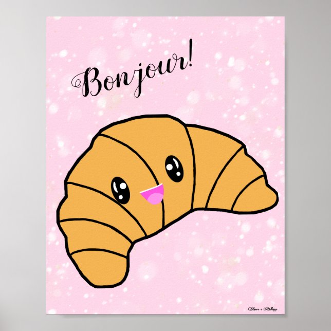 Poster Cute Croissant Bonjour Paris Boulangerie Café Rose (Devant)