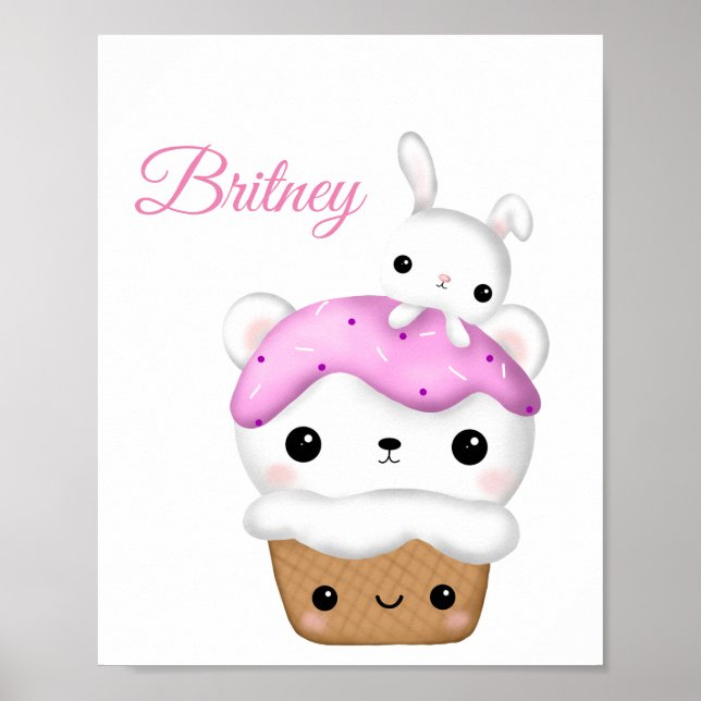 Poster Cute Cupcake kawaii Crème glacée personnalisée (Devant)