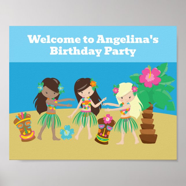 Poster Cute Custom Luau Beach Hula Girls Anniversaire (Devant)
