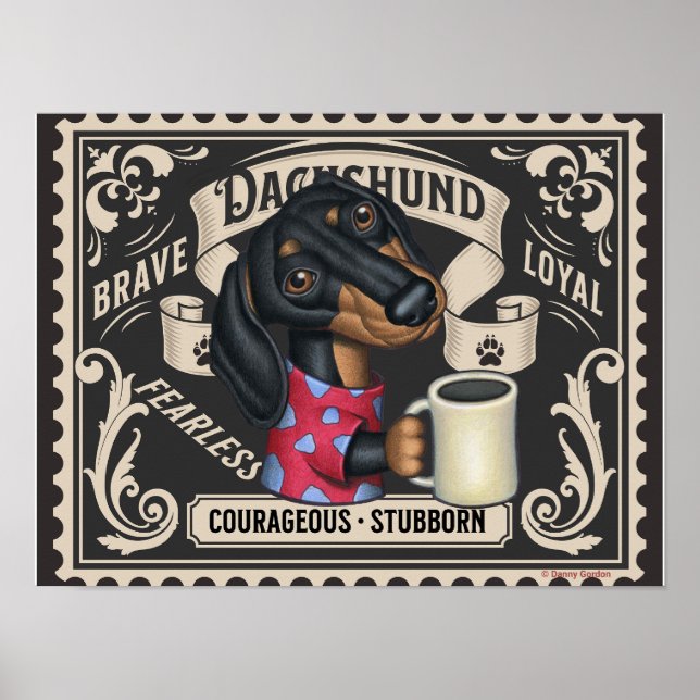 Poster Cute Dachshund Doxie boire du café (Devant)