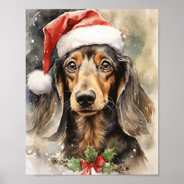 Poster Cute Dachshund Père Noël Puppy Watercolor Art (Devant)