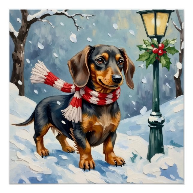 Poster Cute Dachshund Puppy Cozy Winter Scarf Art (Devant)