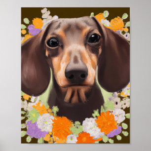 Poster Cute Dachshund Puppy in Flowers Girls Room