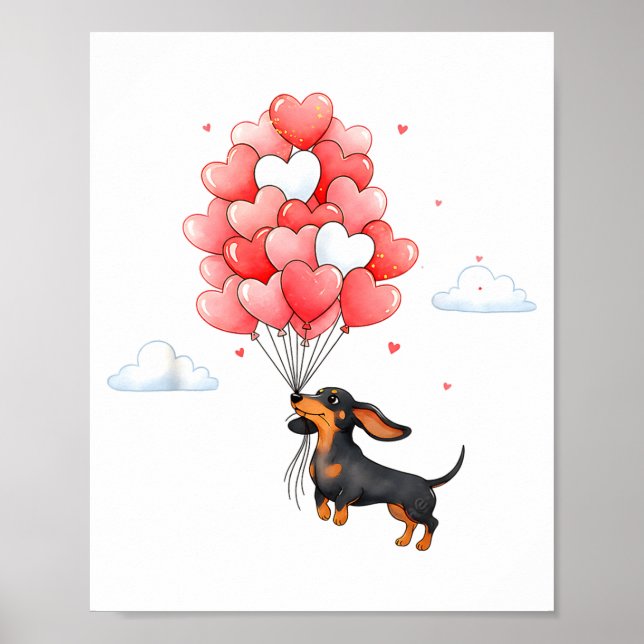Poster Cute Dachshund Valentine Heart Balloon Dog Lover  (Devant)