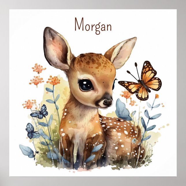 Poster Cute Deer et Butterfly AI Nursery Art (Devant)