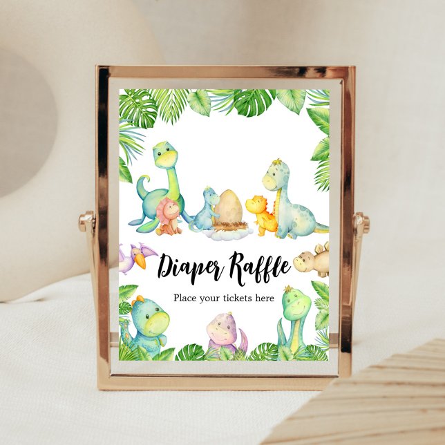 Poster Cute Dinosaur Baby shower Dineuse Raffle (Greenery Dinosaur Baby Shower Diaper Raffle Sign)