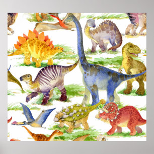 Poster Cute Dinosaures Aquarelle Art sans fil