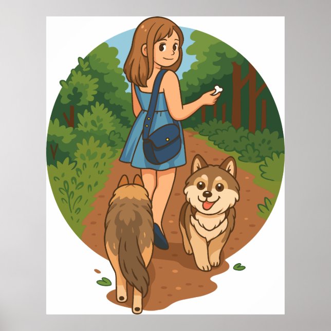 Poster Cute Dog Mom Walking Puppies Forest Trail Illustra (Devant)