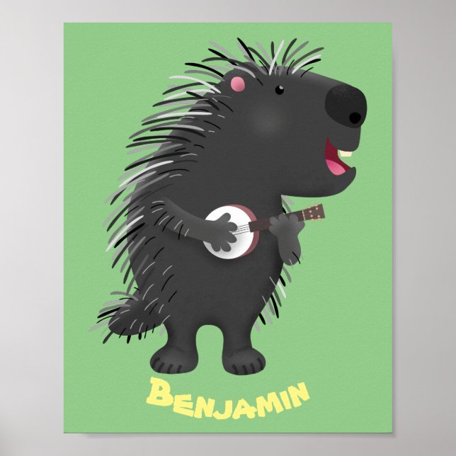 Poster Cute drôle porc-épic avec dessin animé de banjo (Devant)