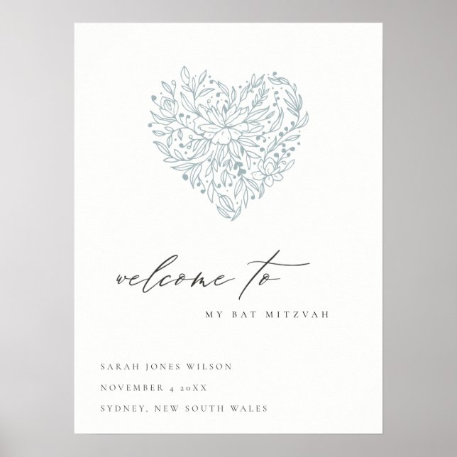 Poster Cute Dusky Blue Floral Heart Bat mitzvah Bienvenue (Devant)