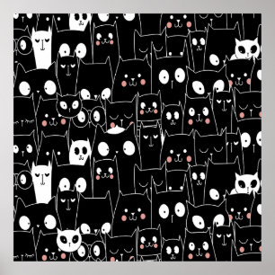 Poster Cute Éffrayant Halloween noir blanc dessin animé a