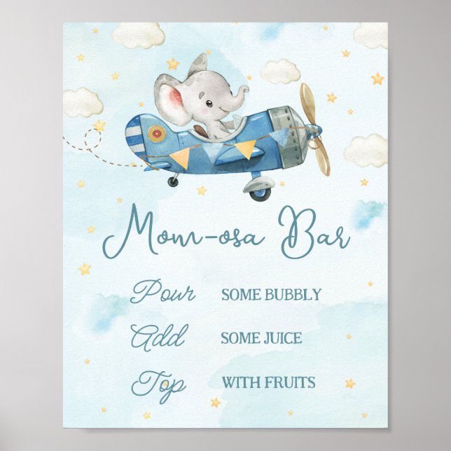 Poster Cute Elephant Avion Aventure Blue Momosa Bar (Devant)