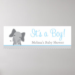 Poster Cute Elephant Chevron Baby shower bleu clair