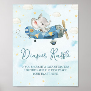 Poster Cute Elephant Plane Aventure Blue Diaper Raffle