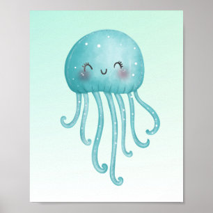Poster Cute et Joyeuse méduse bleu-vert