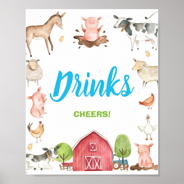 Poster Cute Farm Barnyard Party Boissons Cheers Tabletop (Devant)