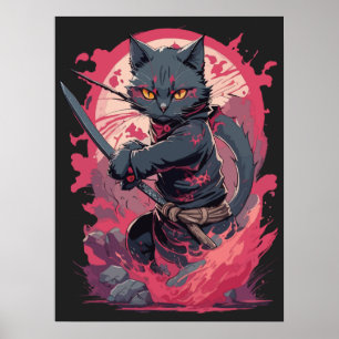 Poster Cute Fire Splash Noir Ninja Chat Guerrier