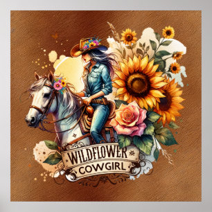 Poster Cute fleur sauvage cowgirl Western