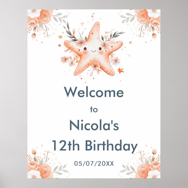 Poster Cute Florale Starfish Fête d'anniversaire Bienvenu (Devant)