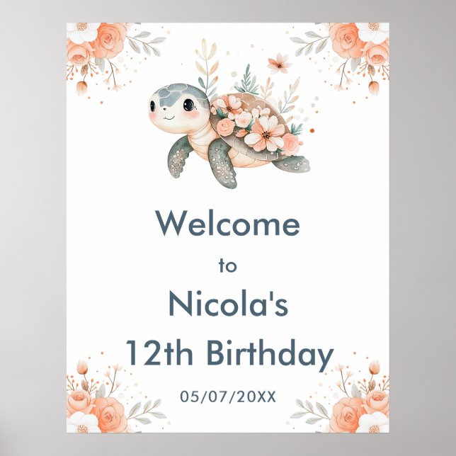 Poster Cute florale Tortue fête d'anniversaire Bienvenue (Devant)