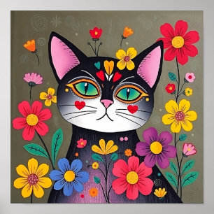 Poster Cute Folk Art Chat noir et fleurs